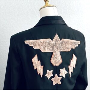 Cowhide and Leather Fitted Black Tuxedo Blazer with Handmade Leather Appliques